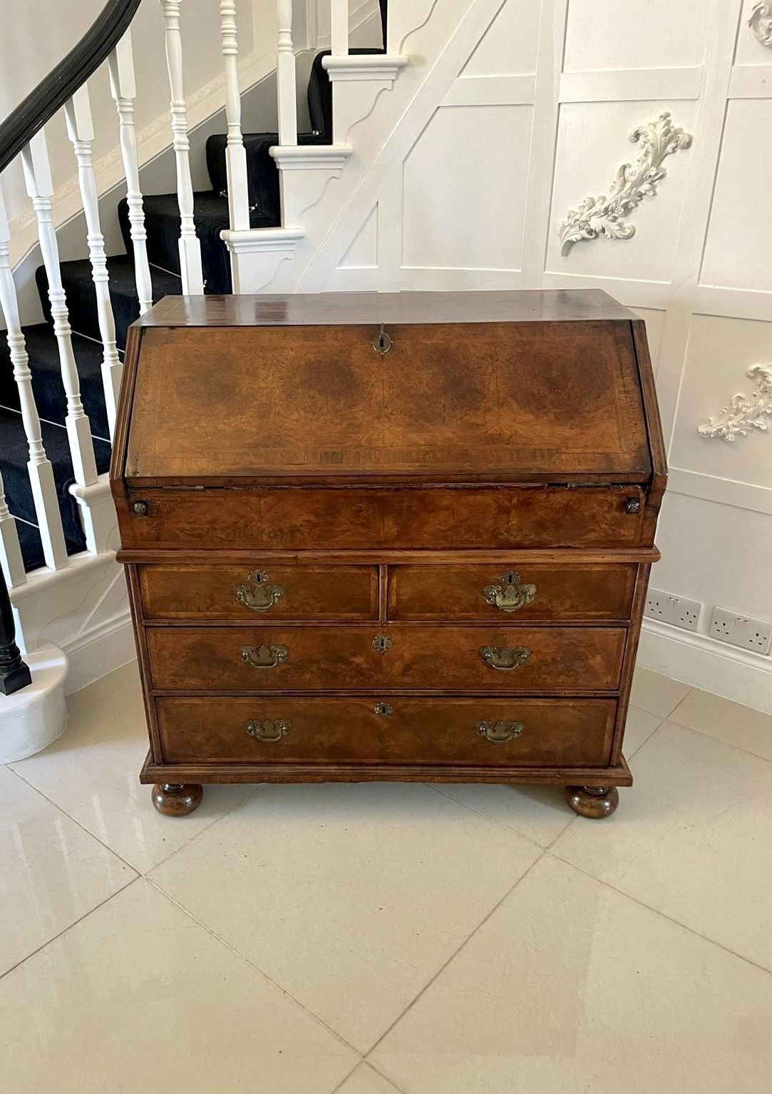 Large Antique William And Mary Burr Walnut Herringbone Inlaid Two Part Bureau