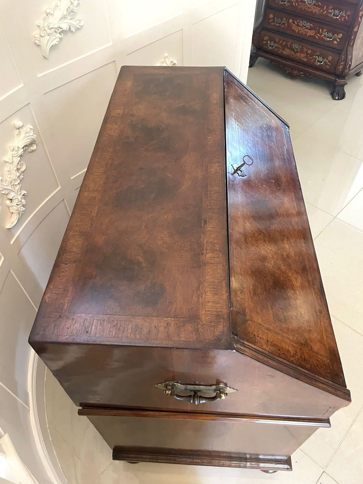 Large Antique William And Mary Burr Walnut Herringbone Inlaid Two Part Bureau photo Furniture
