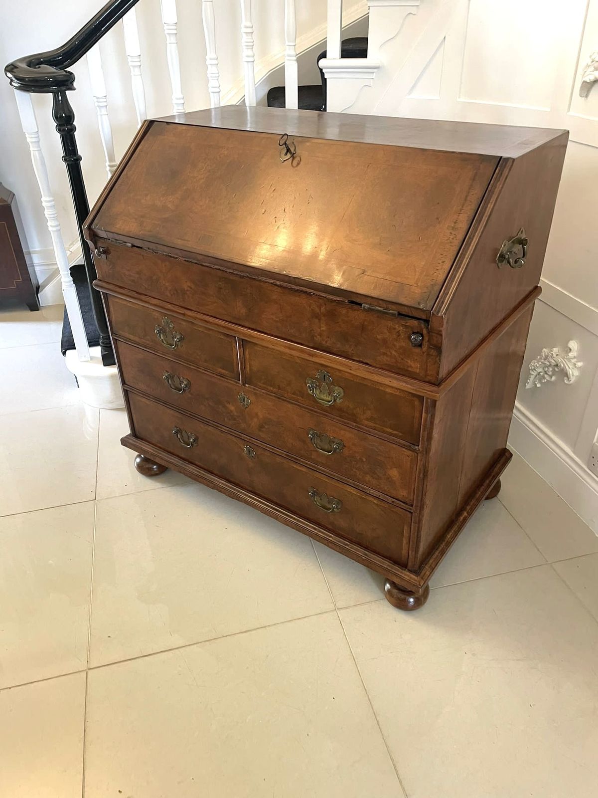 photo furniture Large Antique William And Mary Burr Walnut Herringbone Inlaid Two Part Bureau