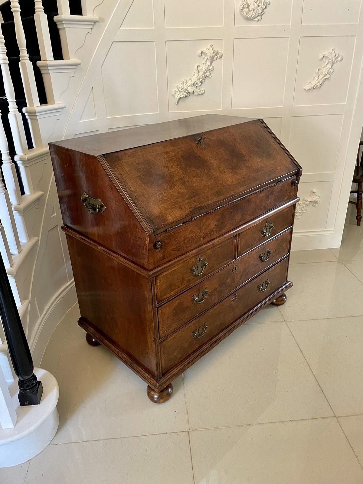 photo vintage Large Antique William And Mary Burr Walnut Herringbone Inlaid Two Part Bureau