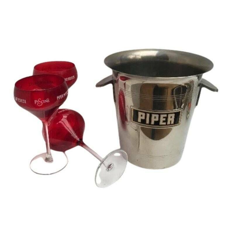 Franse Champagne Piper Heidsieck Ijsemmer Mid Century 3 Rode Glazen Roestvrijstalen Wijnkoeler Barkar Decoratie Tuinfeest Bruiloft Cadeau