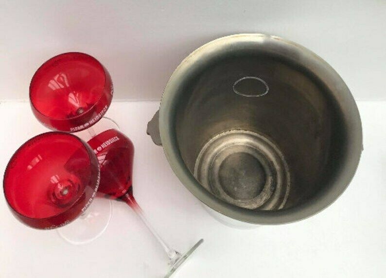 photo for sale French Champagne Pipper Heidsieck Ice Bucket Mid Century 3 Red Glasses Stainless Steel Wine Cooler Bar Cart Decor Garden Party Wedding Gift