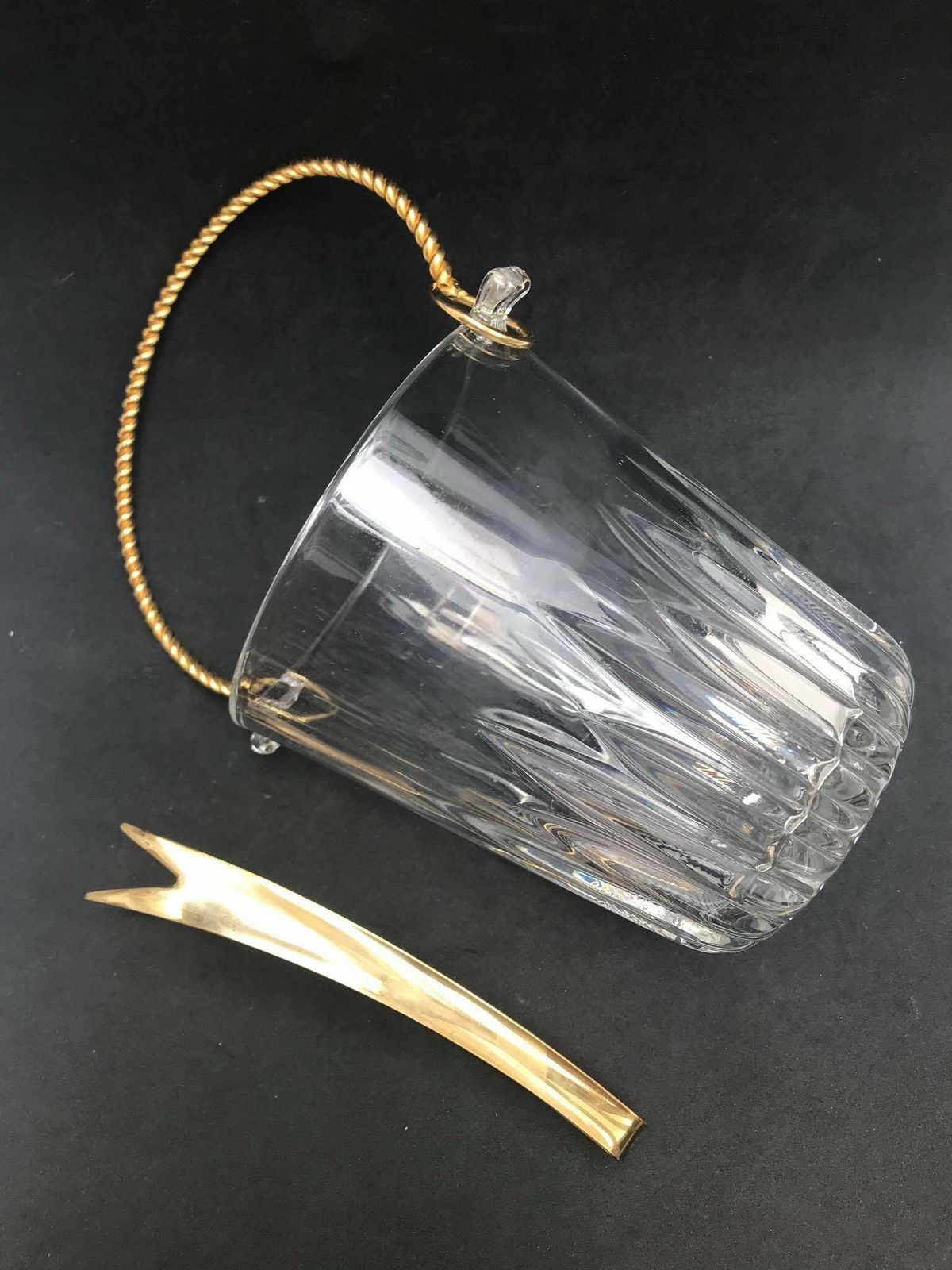 Ice Bucket Vintage, Heavy Glass Ice Bucket Golden Handle , 50s. Carved, Bar Accessories, Mid Century Modern, Vintage Bar, Cocktails. photo for sale