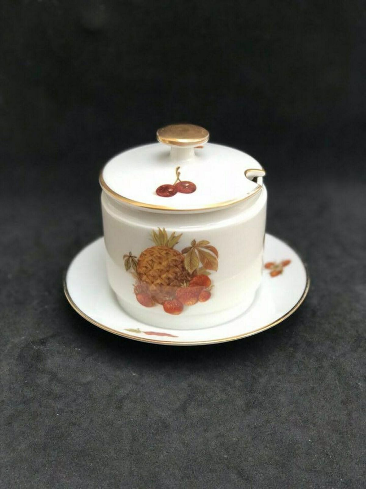 Jam Pot Sugar Bowl With Lid Alka Kunst Alboth And Kaiser Fruits Gold Porcelain Bowl Vintage Jelly Sugar Mustard Condiment Jar 1960s photo 129.0