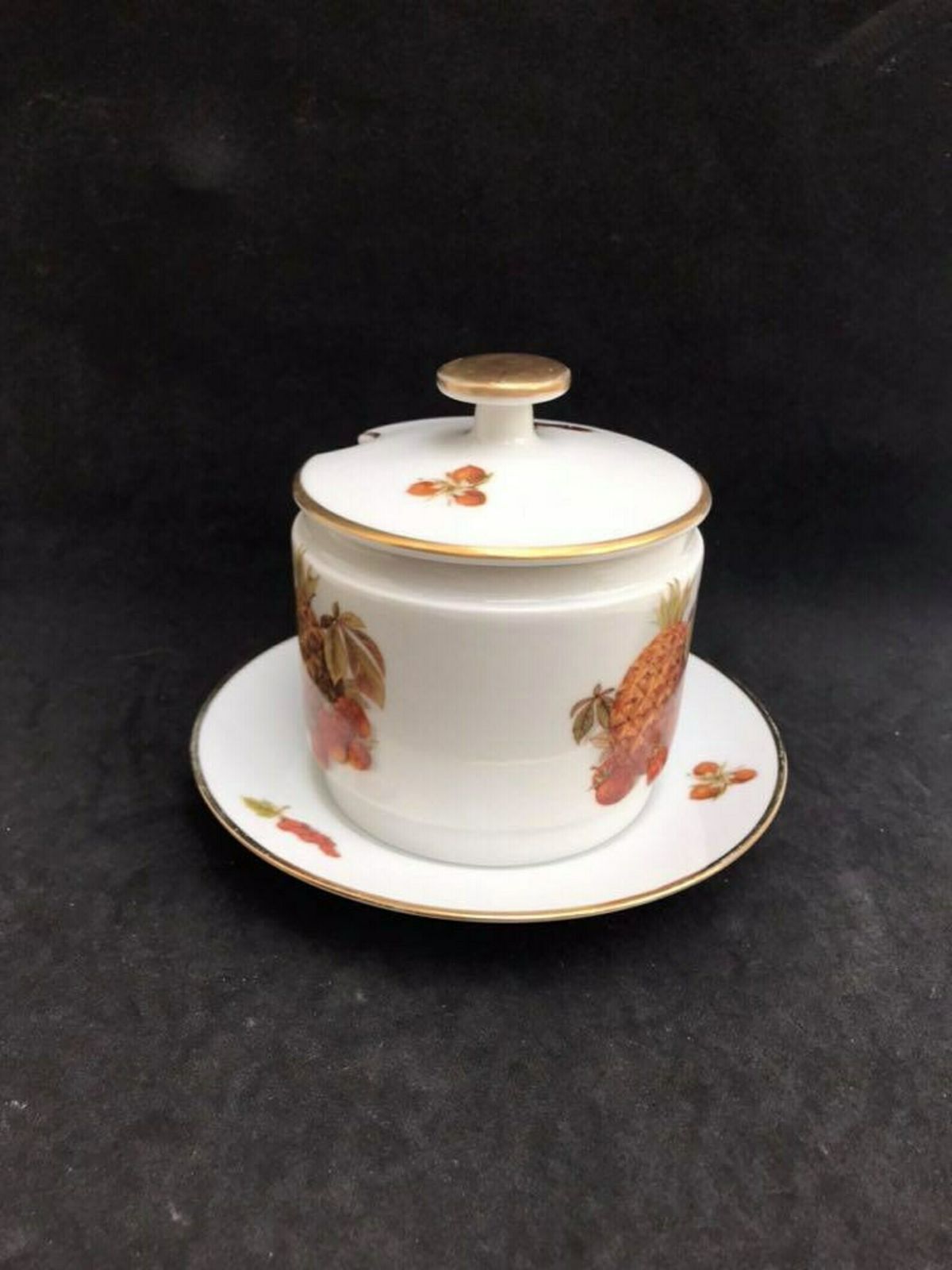 Jam Pot Sugar Bowl With Lid Alka Kunst Alboth And Kaiser Fruits Gold Porcelain Bowl Vintage Jelly Sugar Mustard Condiment Jar 1960s photo buy