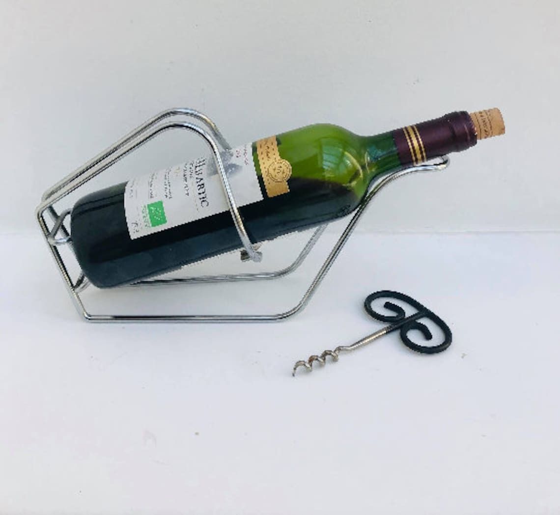 Wine Cradle Bottle Holder Wire Metal Wine Holder And Bottle Opener Corkscrew Wire Mid Century Bar Accessories, Gift For Him Bar Tools photo furniture