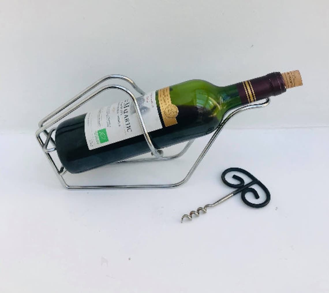 Wine Cradle Bottle Holder Wire Metal Wine Holder And Bottle Opener Corkscrew Wire Mid Century Bar Accessories, Gift For Him Bar Tools photo 120.0