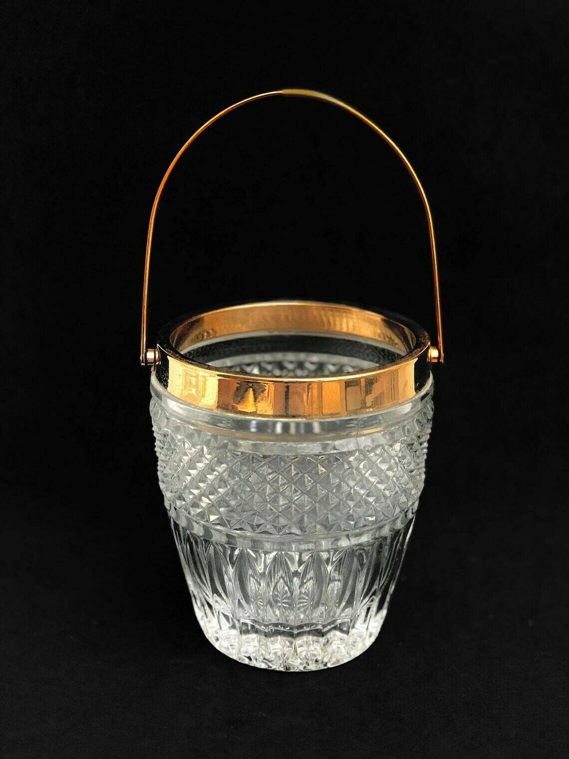 Ice Bucket Heavy Molded Glass French With Golden Metal Handles Mid Century Barware Mixology Tools Bar Cart Hollywood Regency Man Cave Gift
