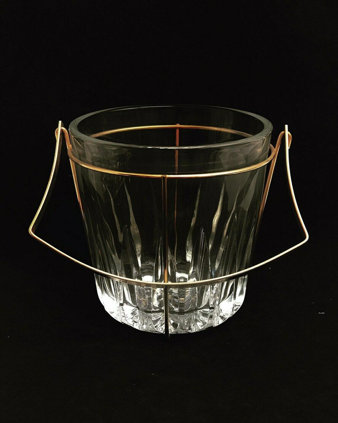 Ijsemmer Van Zwaar Gegoten Glas, Frans, Met Gouden Metalen Handgrepen – Mid Century Barware, Mixologie Accessoires, Barkast, Hollywood Regency, Man Cave, Cadeau
