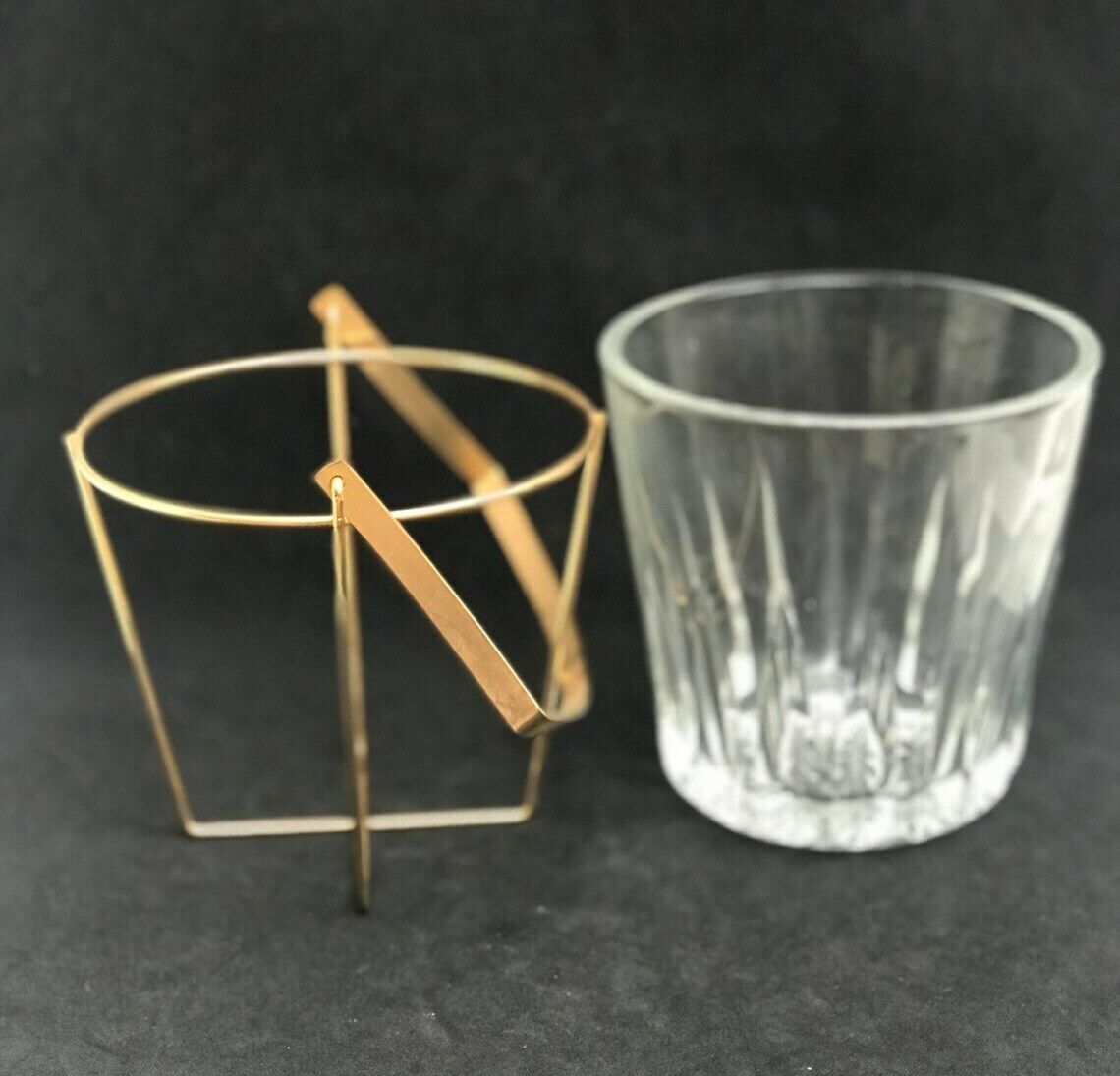 Ice Bucket Heavy Molded Glass French With Golden Metal Handles Mid Century Barware Mixology Tools Bar Cart Hollywood Regency Man Cave Gift photo vintage