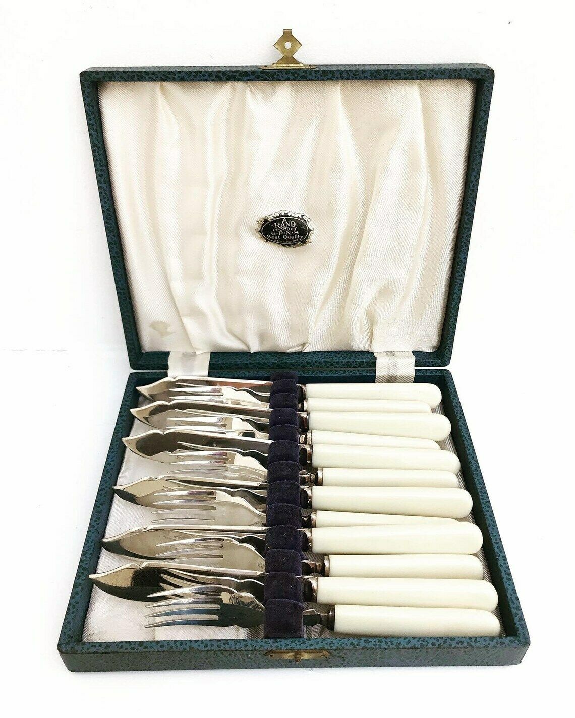 Fish Flatware Forks 12 Boxed Seafood Cutlery Silver Plated Bands, Stainless Steel And Ivorine Table Holiday Dinner Wedding Gift