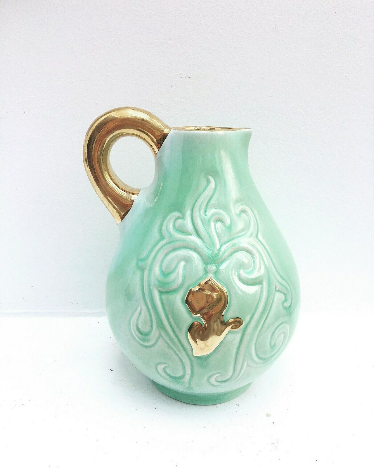 Ceramic Pitcher, Green Mint And Gold Signed By Alexandre De Wemmel (1909   64) Mid Century Belgian Pottery Vase Turquoise Golden Handle photo furniture