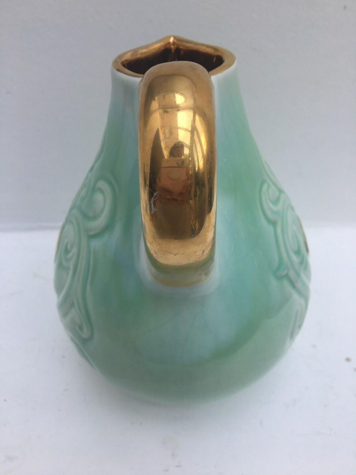 Ceramic Pitcher, Green Mint And Gold Signed By Alexandre De Wemmel (1909   64) Mid Century Belgian Pottery Vase Turquoise Golden Handle photo buy