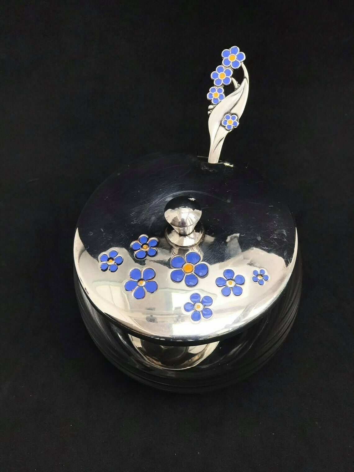 Danish Sugar Bowl Vintage, Meka Denmark, Jam Bowl With Lid Mid Century Design, Scandinavian Silver Plated Enamel Mcm Nordic Sweets Dish photo vintage