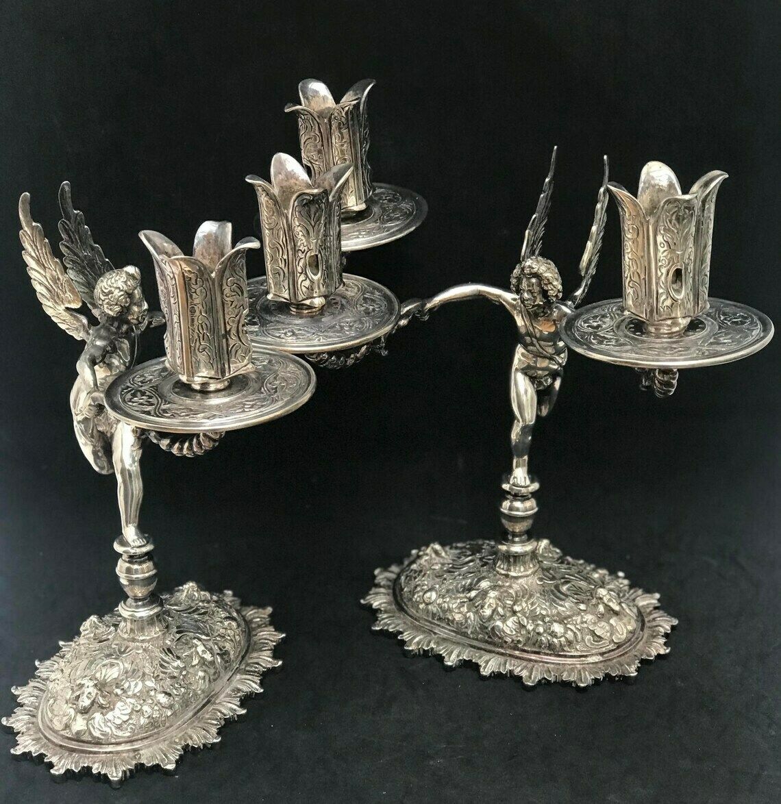 Pair Silver Plated Chandeliers Antique Candlestick Holder Cherubs Putti Angels, XIX Century French Napoleon III Romantic Decor Luxury Gift photo furniture