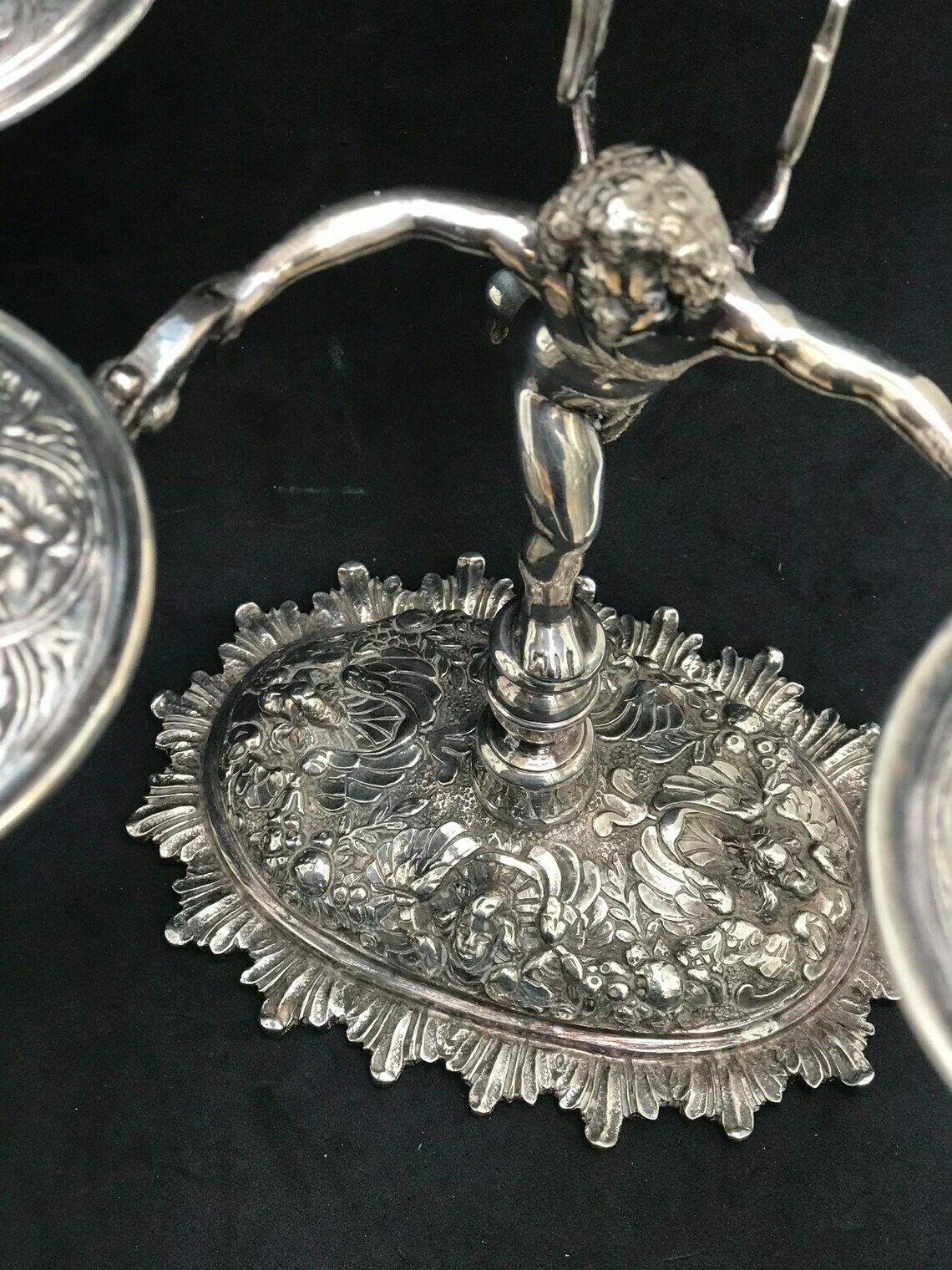 Pair Silver Plated Chandeliers Antique Candlestick Holder Cherubs Putti Angels, XIX Century French Napoleon III Romantic Decor Luxury Gift photo for sale