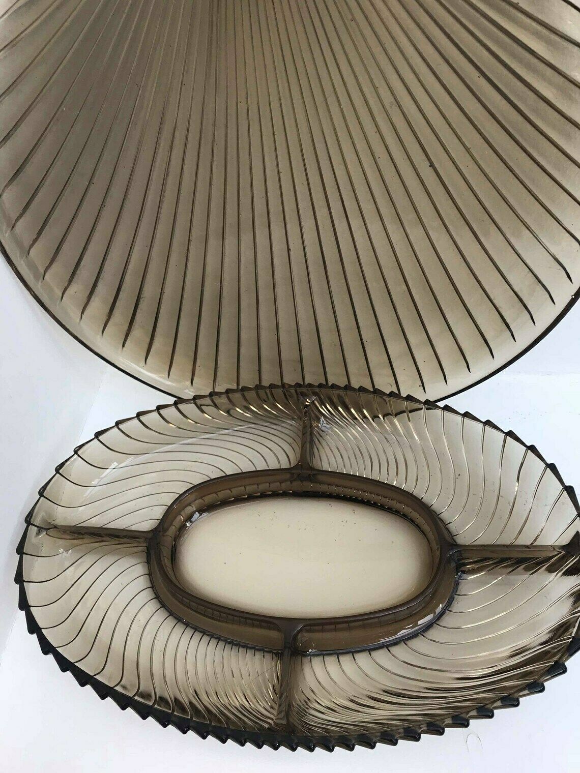 Smoked Glass 2 Dishes Platters Pressed Glass Mid Century Wide Round Tray Oval Vintage Appetizers Table Christmas photo 110.0