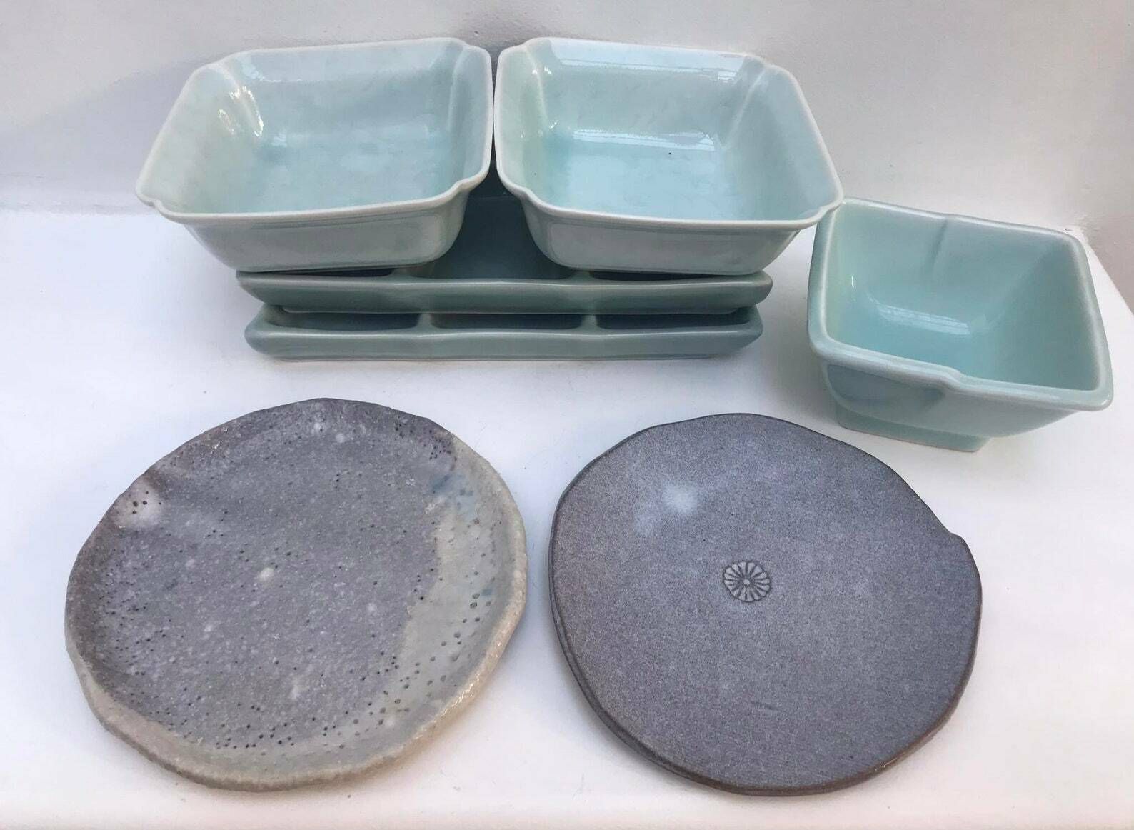 photo for sale Sushi Plates Set Serving Tray, Sauce Dish, Dinner Sashimi Plate Asian Food Dish Green Acqua Ceramic Porcelain Fish Serving Tray