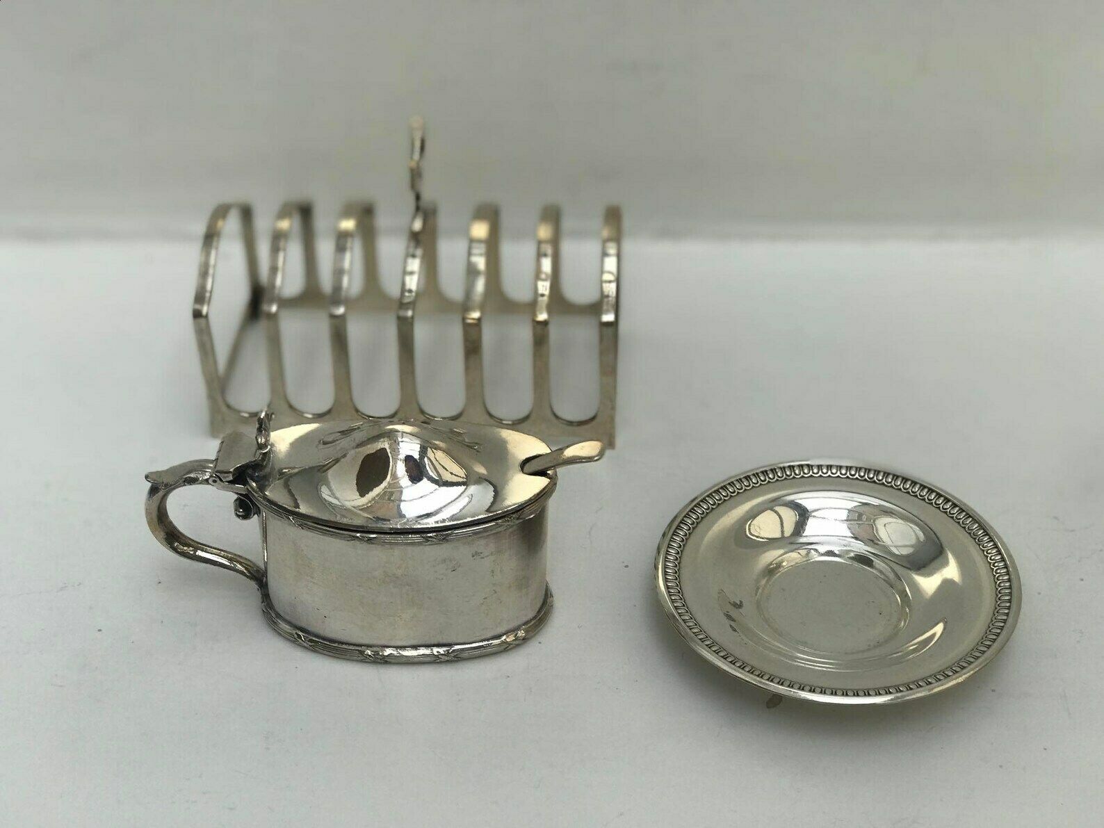 Mustard Pot Small Butter Dish And Toast Rack Silver Plated Breakfast Set Vintage Toast Holder Wedding Gift Antique English Hostess photo buy