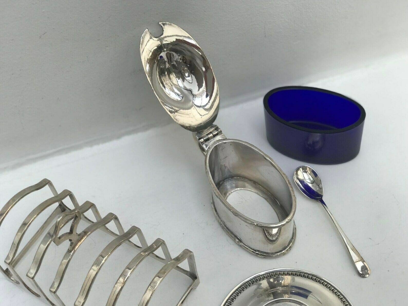 photo for sale Mustard Pot Small Butter Dish And Toast Rack Silver Plated Breakfast Set Vintage Toast Holder Wedding Gift Antique English Hostess