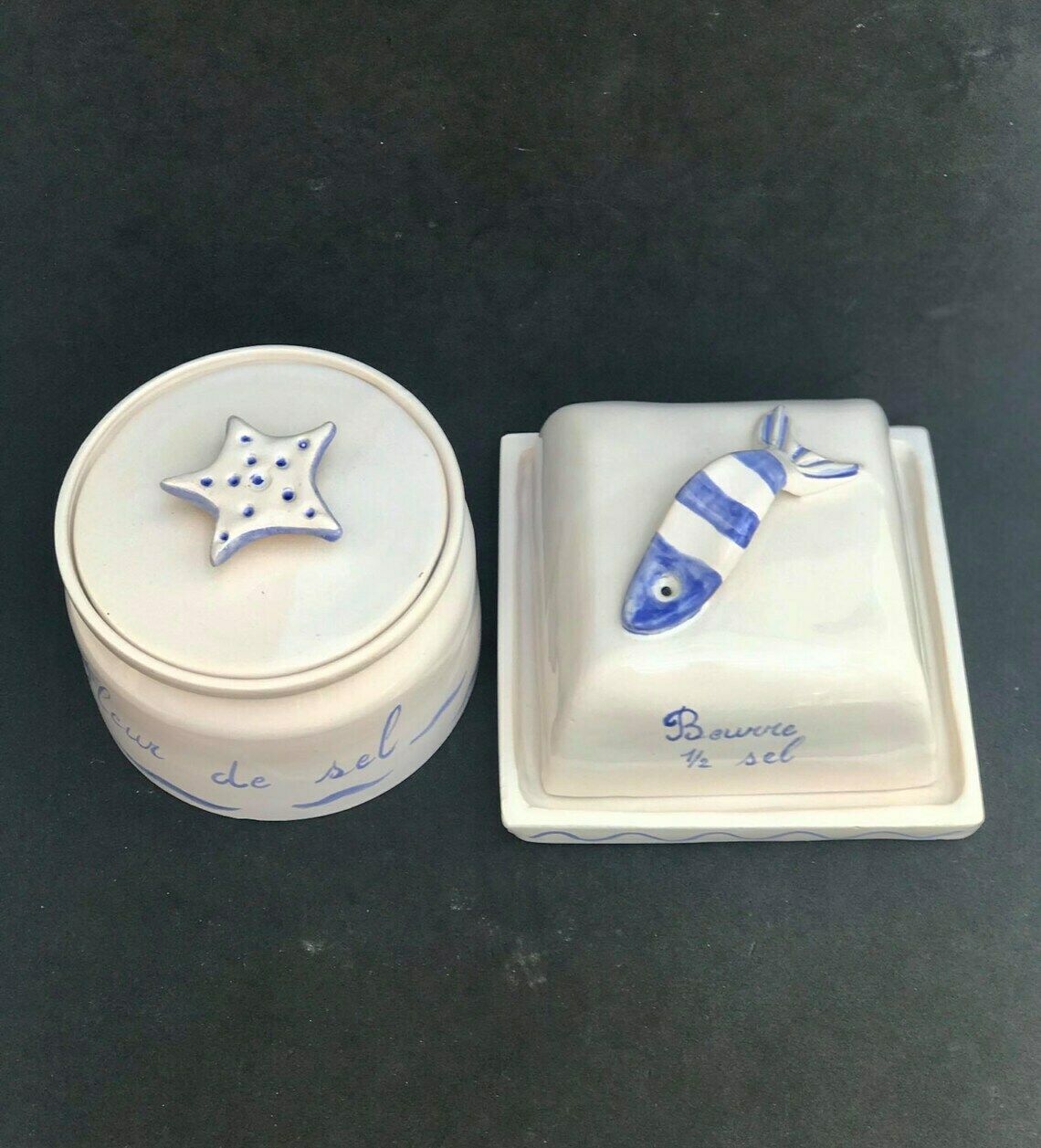 Butter Dish With Lid And Salt Covered Box Handmade Blue And White Decor Salt Butter Fleur De Sel Glazed Earthenware Fish Kitchen Coast photo for sale