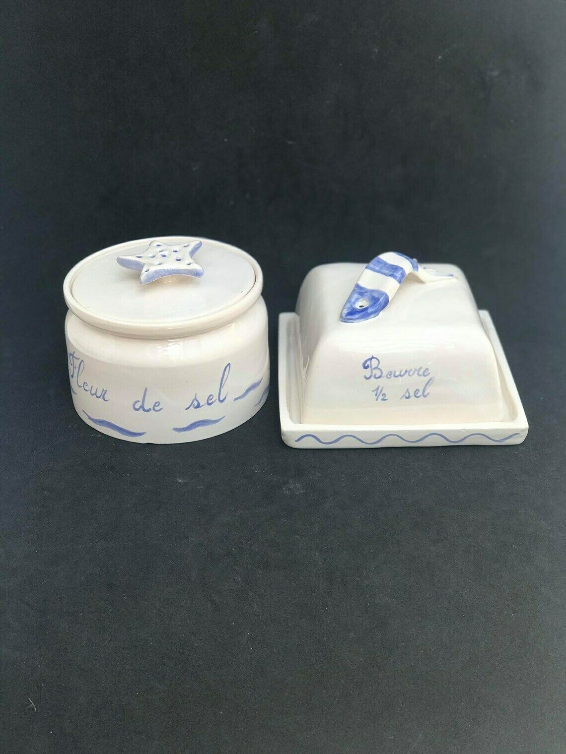 Butter Dish With Lid And Salt Covered Box Handmade Blue And White Decor Salt Butter Fleur De Sel Glazed Earthenware Fish Kitchen Coast photo Home Decor