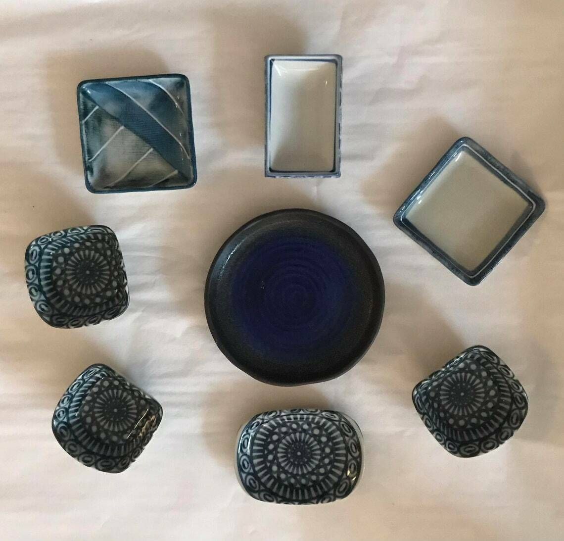Japanese Bowls Plates Set Serving Sauce Dish, Dinner Sashimi Plate Asian Food Dish Blue Ceramic Porcelain Fish Serving Tray photo 161.0