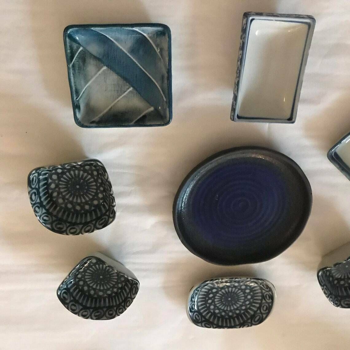 Japanese Bowls Plates Set Serving Sauce Dish, Dinner Sashimi Plate Asian Food Dish Blue Ceramic Porcelain Fish Serving Tray photo vintage