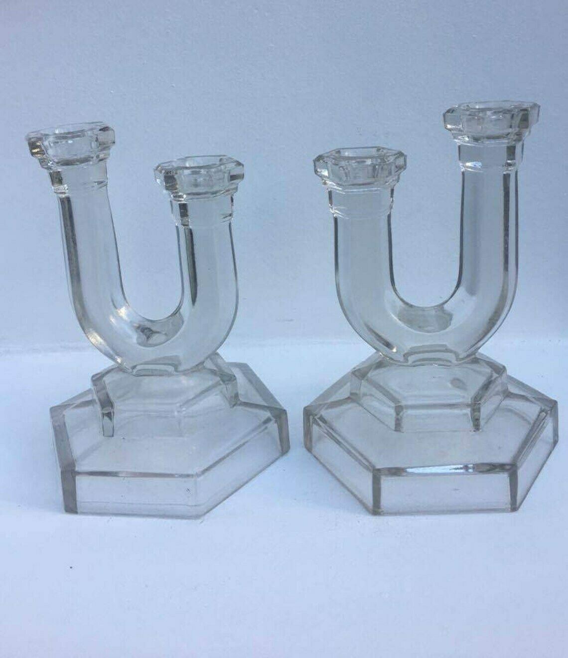 Candlestick Holders Art Deco Pair Of Vintage Pressed Glass 2 Arms Candelabra, Pair Candlestick Holder photo 105.0