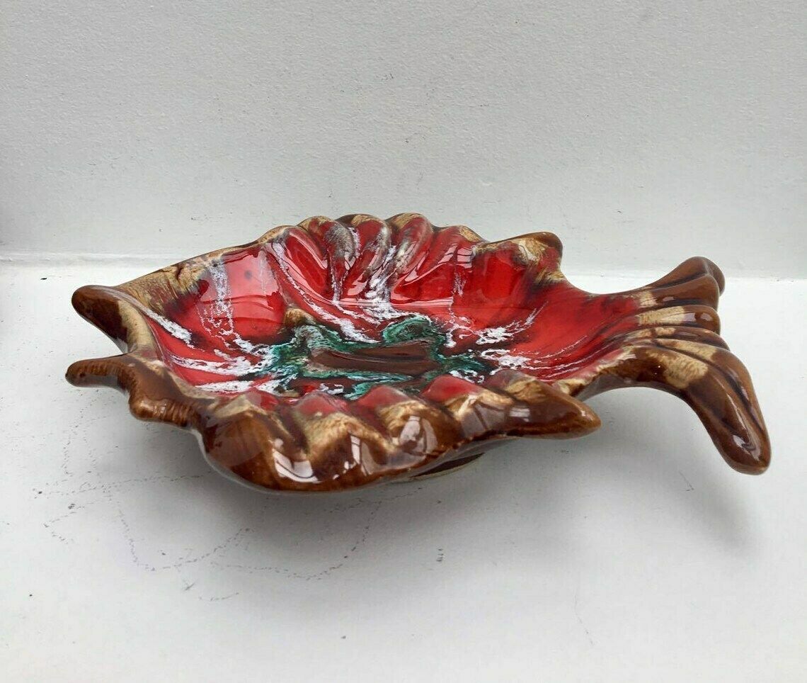 Vallauris Set 2 French Appetizer Plates, 1 Fish Shaped Ceramic Enamelled, 1 Pan Mid Century Vallauris Pottery Brown Red Pottery photo for sale