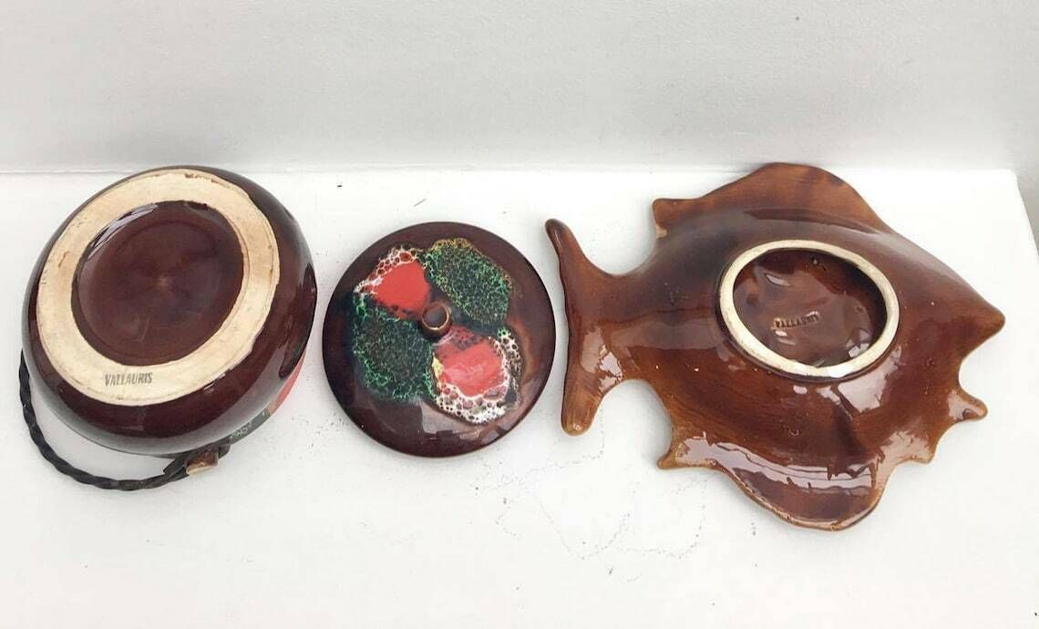 Vallauris Set 2 French Appetizer Plates, 1 Fish Shaped Ceramic Enamelled, 1 Pan Mid Century Vallauris Pottery Brown Red Pottery photo 150.0