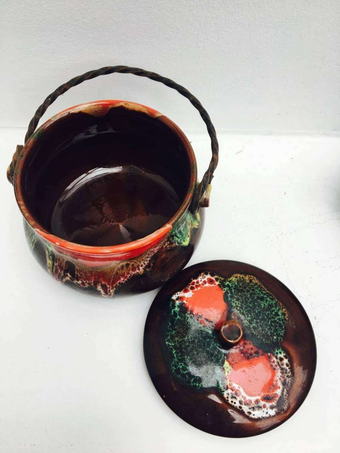Vallauris Set 2 French Appetizer Plates, 1 Fish Shaped Ceramic Enamelled, 1 Pan Mid Century Vallauris Pottery Brown Red Pottery photo vinterior
