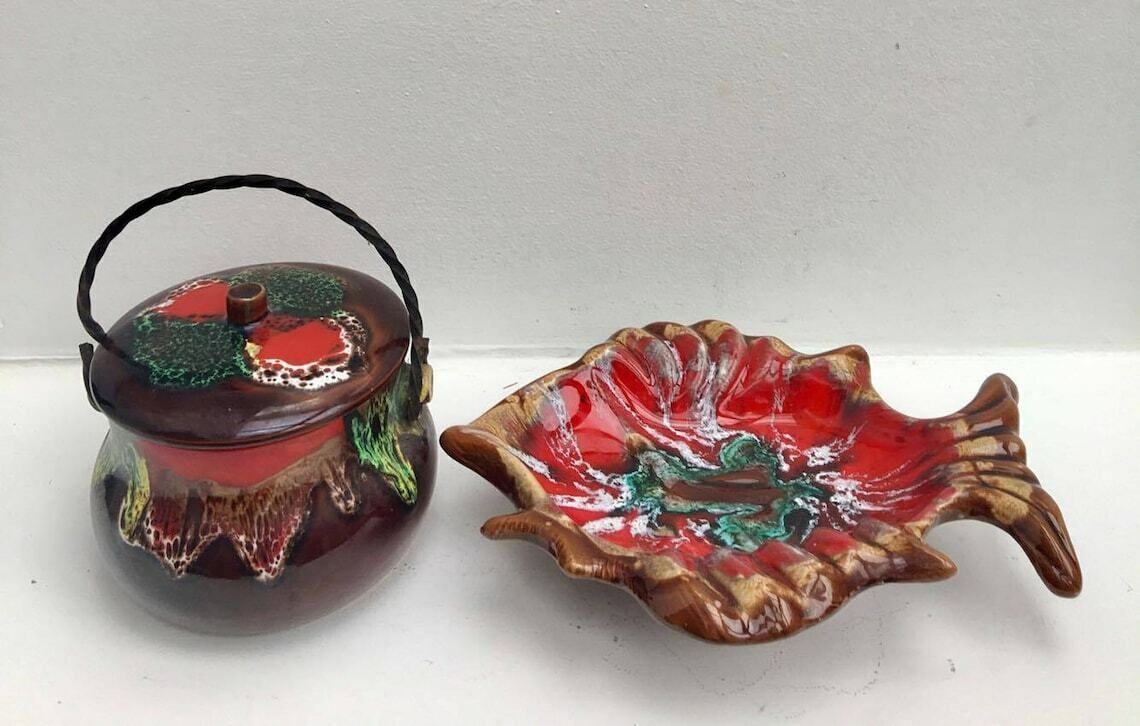 Vallauris Set 2 French Appetizer Plates, 1 Fish Shaped Ceramic Enamelled, 1 Pan Mid Century Vallauris Pottery Brown Red Pottery photo buy