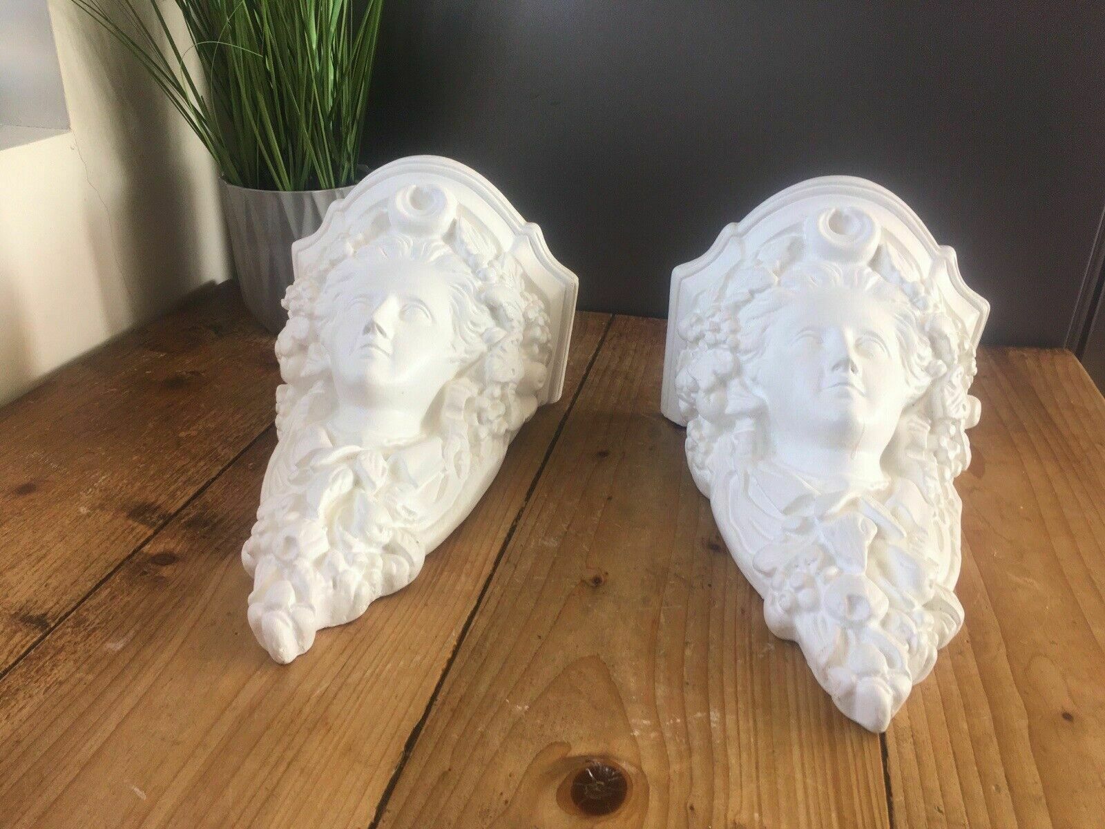 Home Decor Pair Of Art Nouveau Style Chalkware Plaster Bust Head Wall Shelves Corbels photo