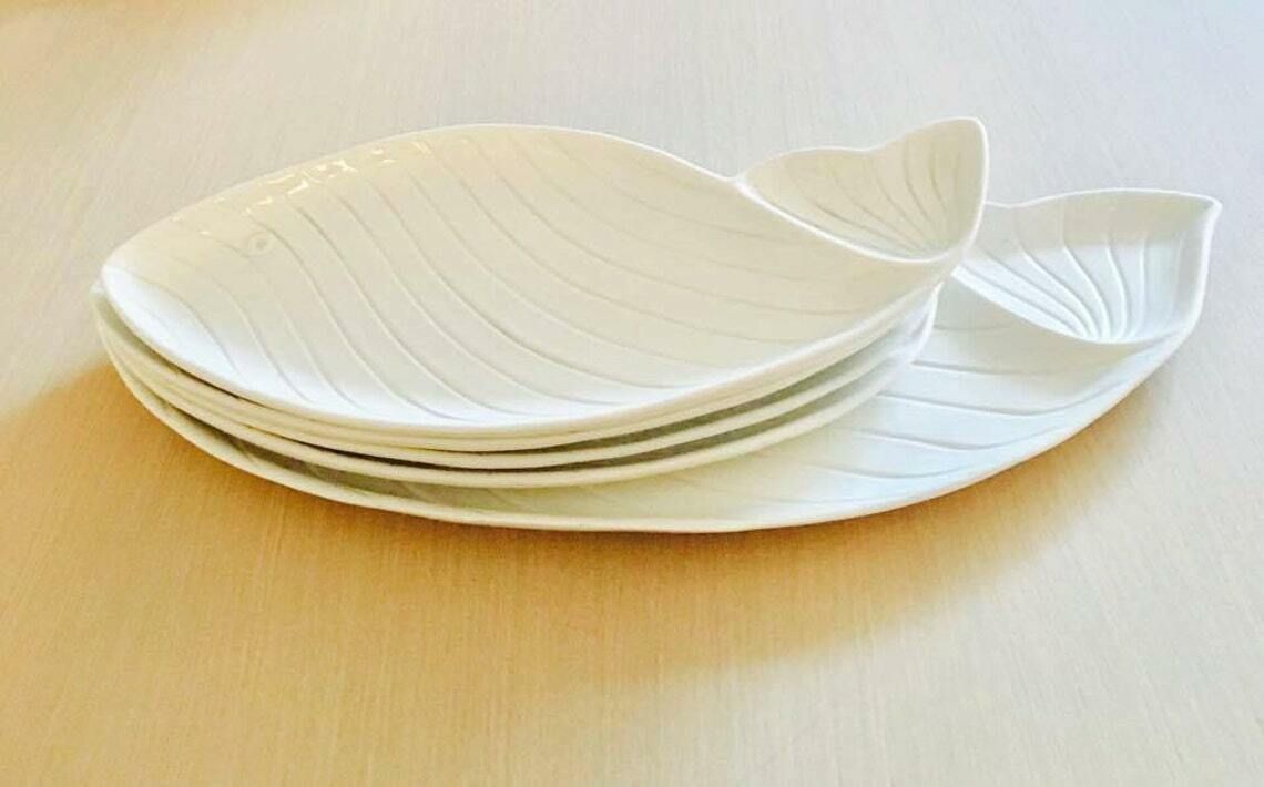 Fish Plates Nove Di Bassano Italian Ceramic Set 1960 White 1 Serving Tray And Fish Shaped Plates Christmas Table Decor White Gift Seafood photo furniture