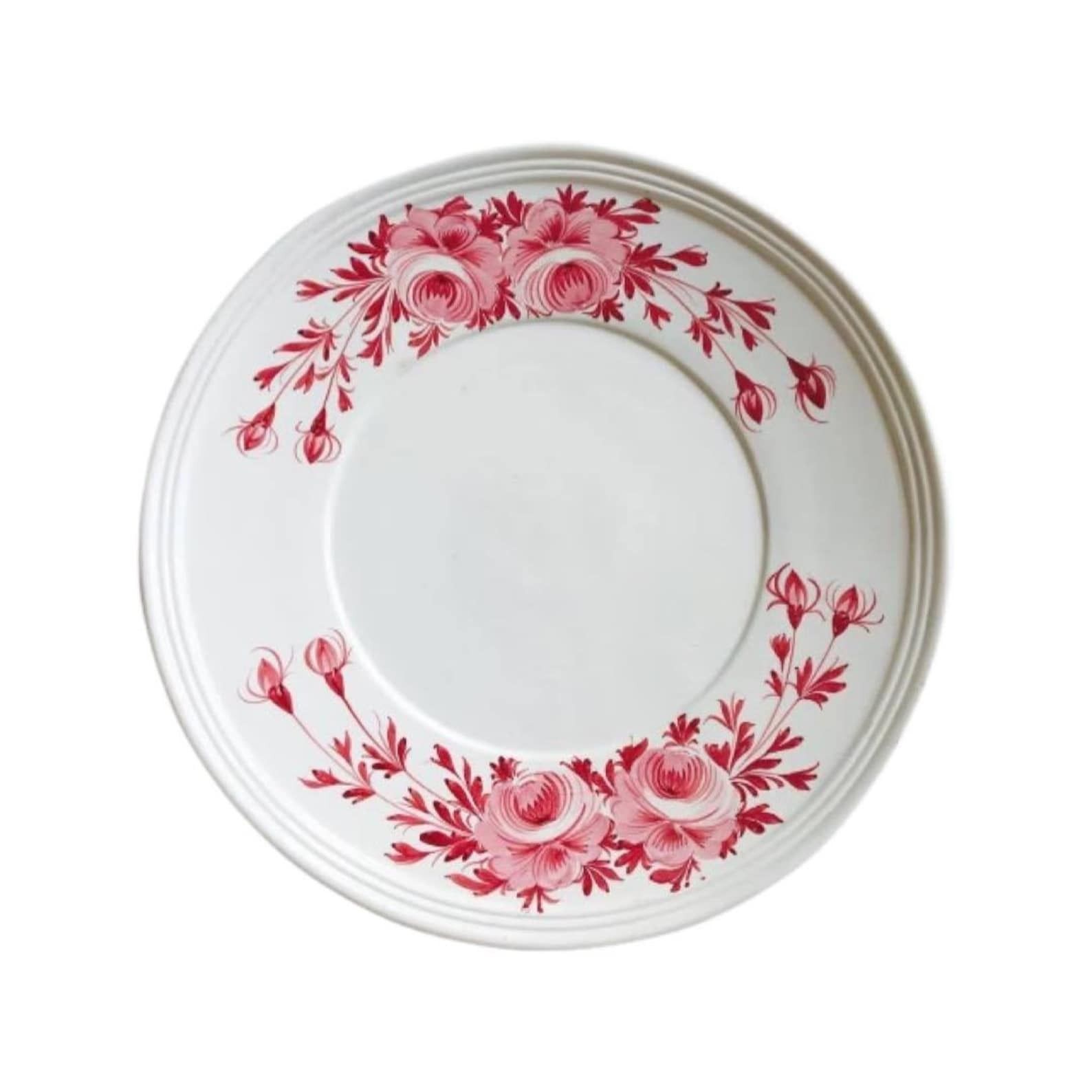 Groot Bord Itaals Aardewerk, Extra Groot Bord Italiaanse Faience Gedecoreerd Met Roze Bloemen, Serveerschaal, Oud Bord, Oud Aardewerk, Mid Century
