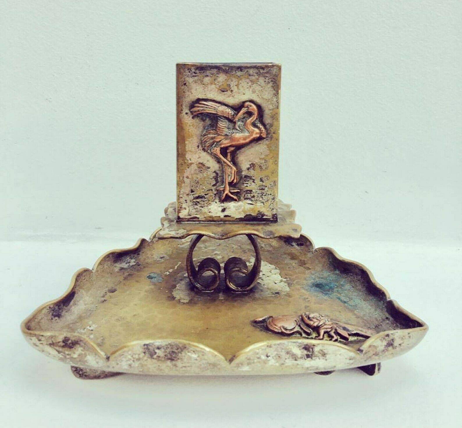 Antique Smoking Set ,Matches Box Holder In Bronze Hammered On Its Cup, Decorated With Magnificent Figures Of Flamenco And A Fish In Relief photo furniture