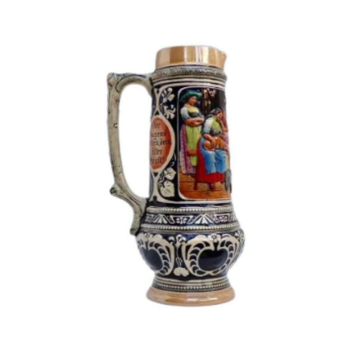 Extra Large German Stein, German Drinking Pitcher, Vintage German Stein, Ceramic Bavarian Stein, Drinking Scene, Family Scene, Glazed