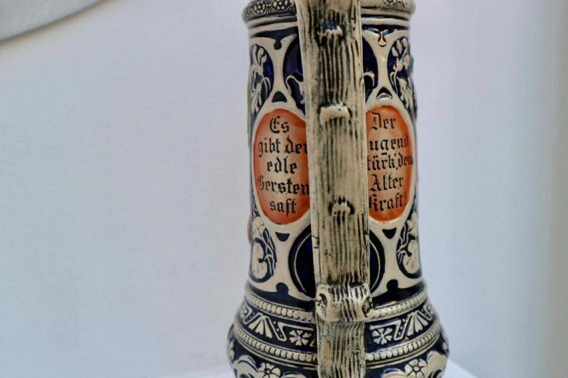 Extra Large German Stein, German Drinking Pitcher, Vintage German Stein, Ceramic Bavarian Stein, Drinking Scene, Family Scene, Glazed photo vinterior