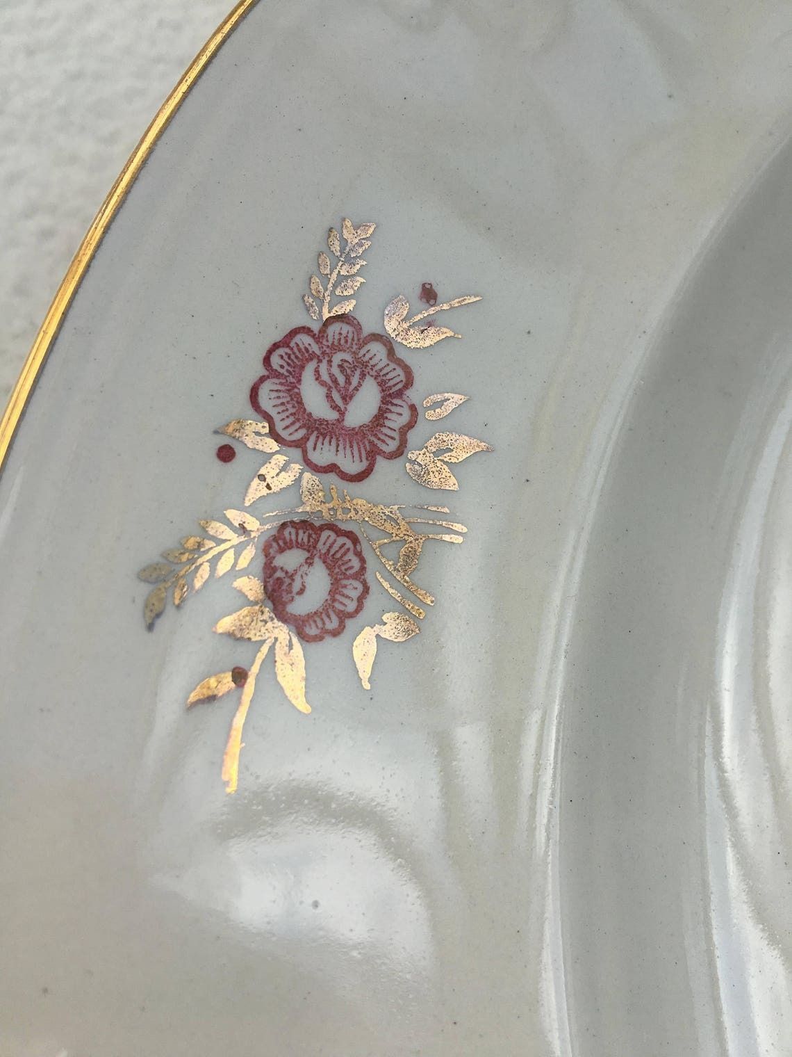 Antique Cake Dish Boch Freres Belgian Pottery Serving Plate 1940s Shabby Chic French Country Cottage Boch Gold Rim Garden Roses Collector photo 164.0