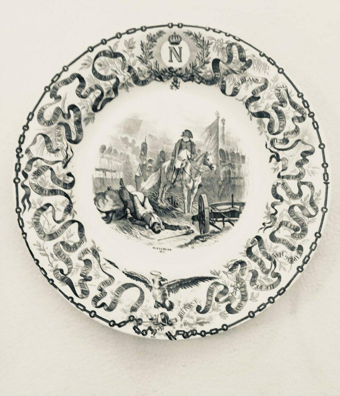 Decorative Plates Boch Napoleon Bonaparte Boch Keramis Belgium Antique Transferware Boch Freres 2 Plates Battles Black And White photo for sale