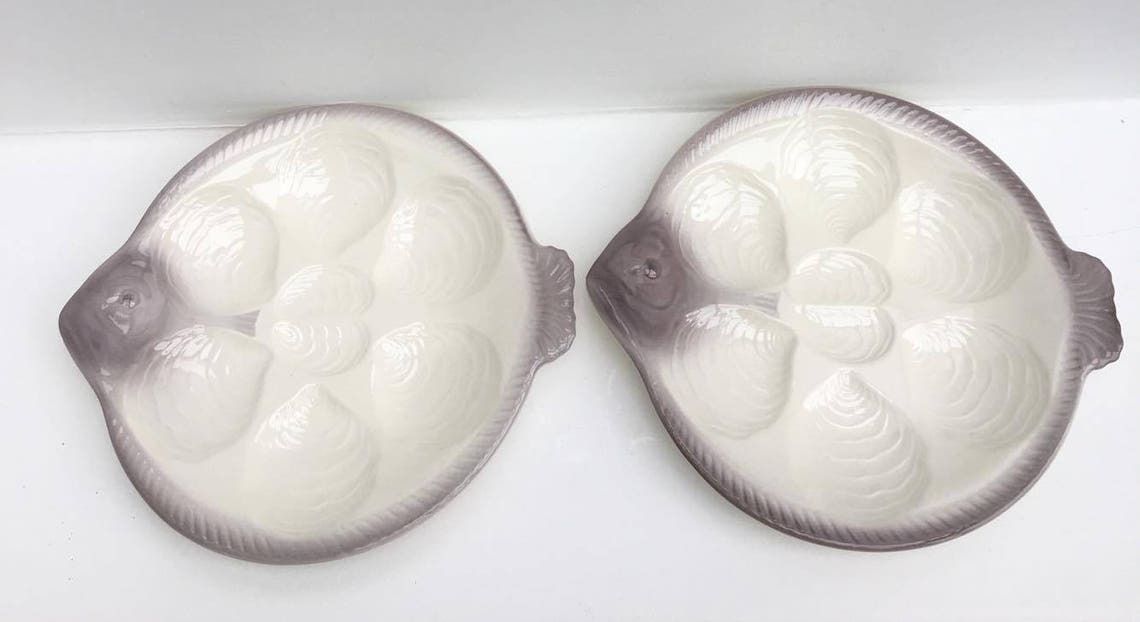 6 Oyster Plates Fish Shaped Plate Vintage West Germany, Waechtersbach Pottery, Fish Plates, Grey Hand Painted, Seafood Beach 6 Oyster Forks photo vinterior