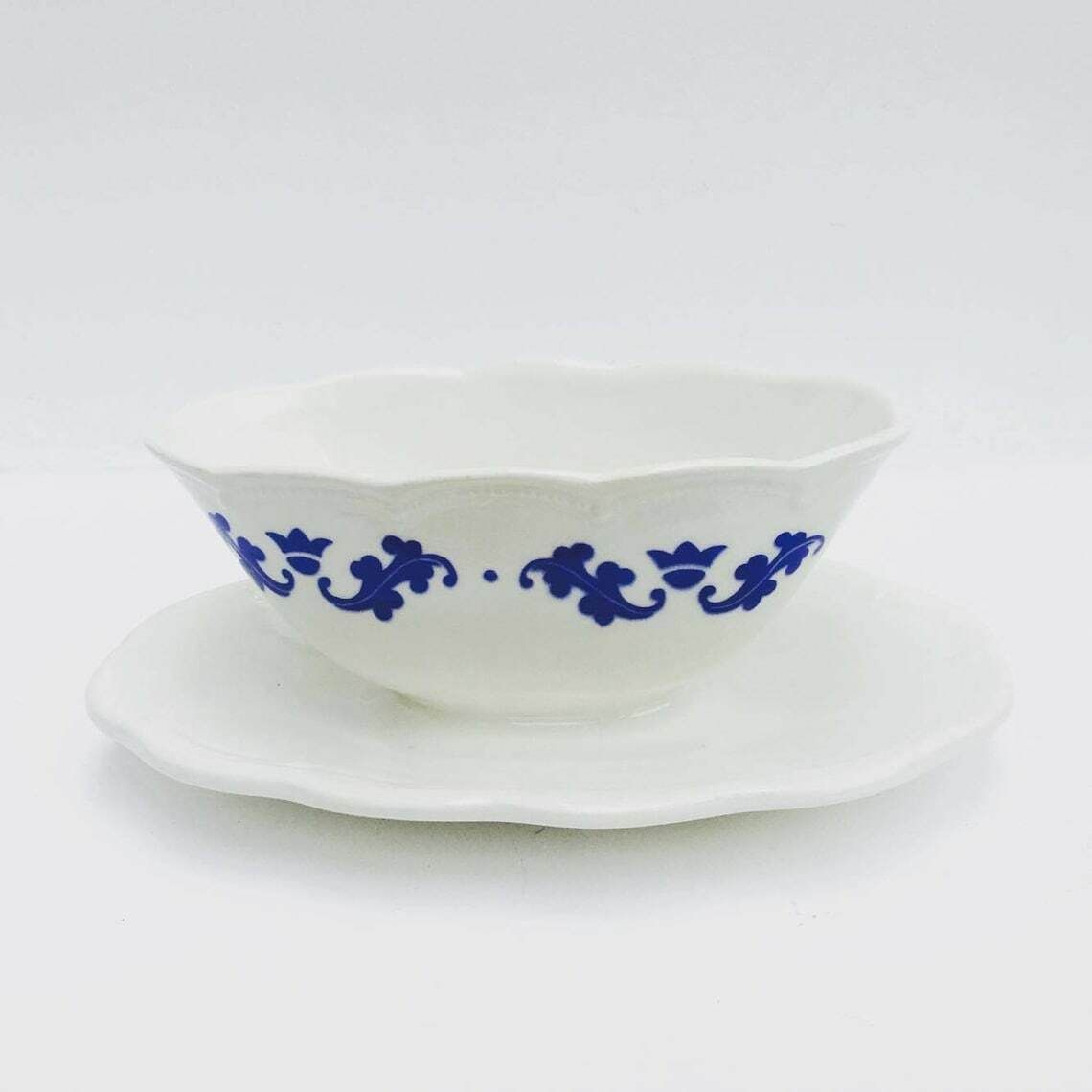 Gravy Boat White Blue Belgian Pottery Boch Brothers La Louvière Table Service Plate Lidded. Sauce Boat Blue And White Ceramic, 1940s,Ate photo Home Decor