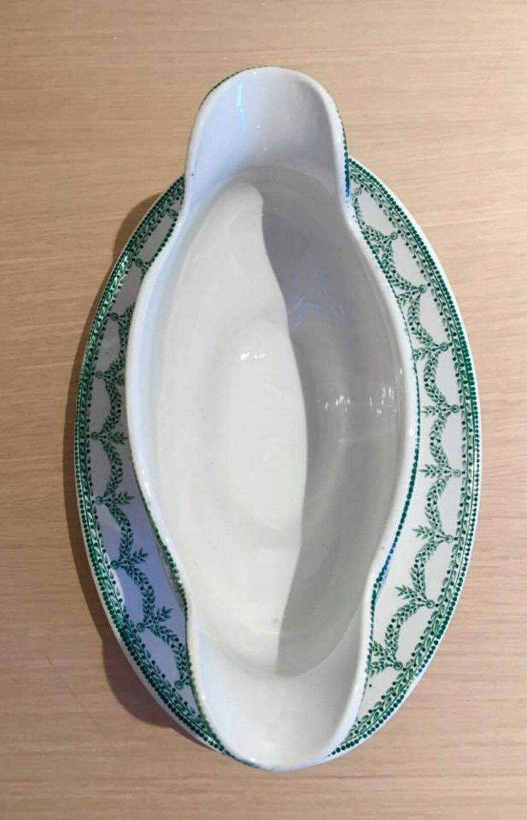 Gravy Boat, Sauce Boat Vintage, Large With Dish, White Porcelain Green Guard. Made In France Wedding Gift, Dinner Table, Green And White photo furniture