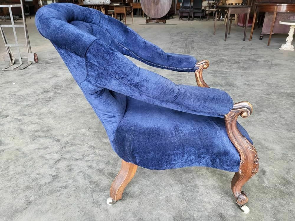 Antique Victorian Curved Button Back Blue Armchair Carved Cabriole Legs Castors photo Furniture