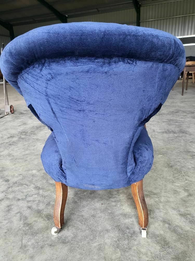 Antique Victorian Curved Button Back Blue Armchair Carved Cabriole Legs Castors photo 475.0
