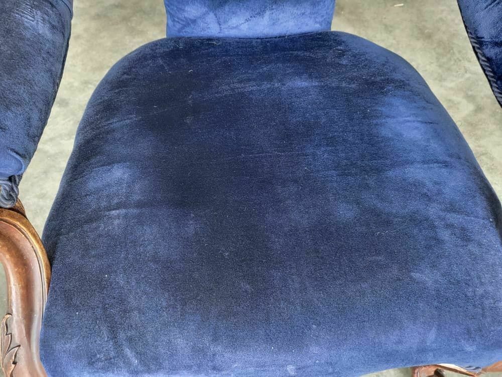 Antique Victorian Curved Button Back Blue Armchair Carved Cabriole Legs Castors photo vintage