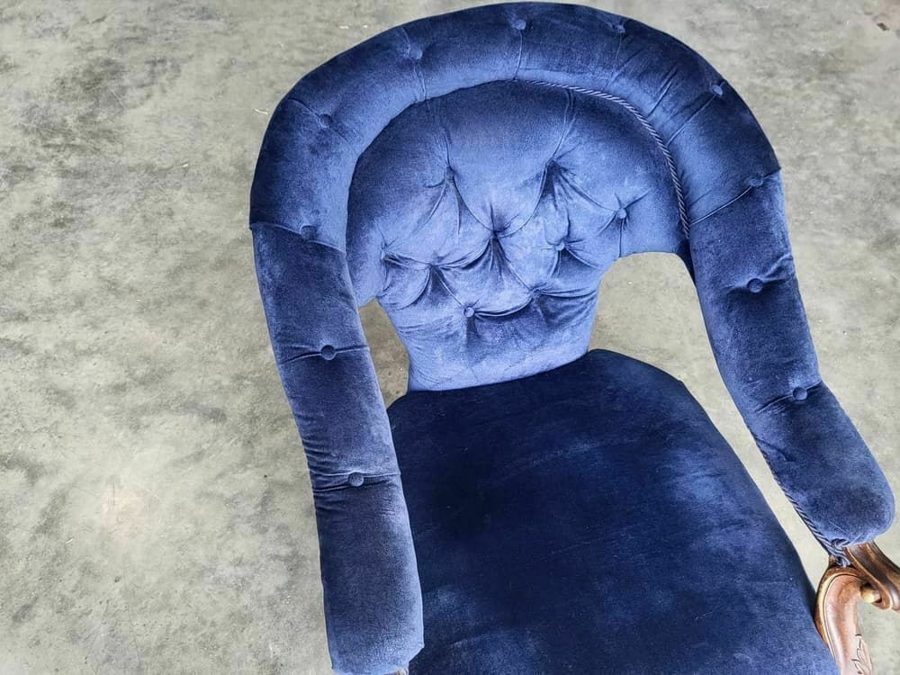 photo for sale Antique Victorian Curved Button Back Blue Armchair Carved Cabriole Legs Castors
