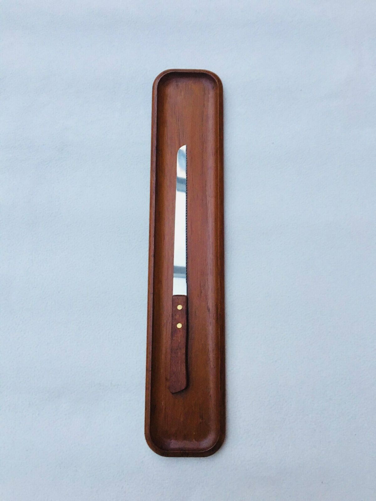 Vintage Bread Board, Teak Mid Century Modern Baguette Tray With Bread Knife Appetizer, Vintage Scandinavian Style, Mcm Food Photography Prop photo furniture