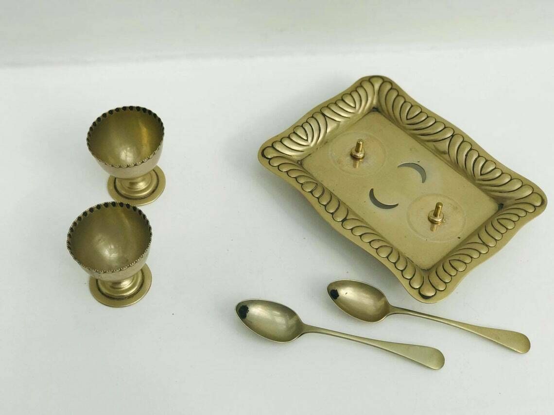 Antiek Eierdopjesset Art Deco Ontbijtset Verzilverd Epns 2 Eierdopjes Lepels Cruetset Met Standaard Huwelijkscadeau photo 142.0